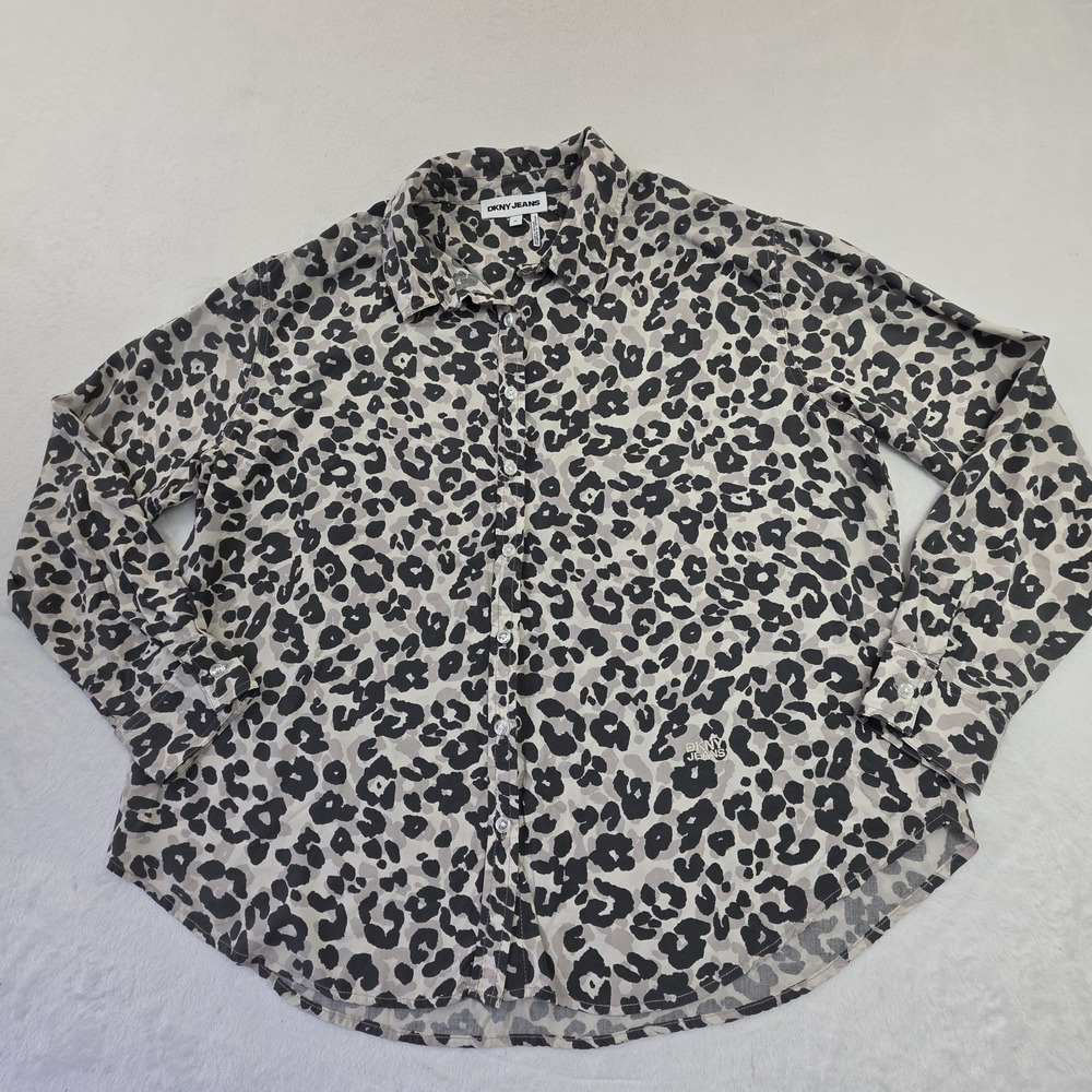 DKNY Jeans Leopard Print Button Up Shirt Womens XL Lightweight Animal Print Top